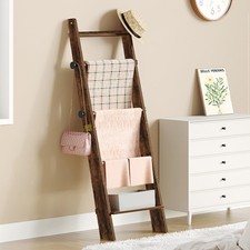 Rustic Brown BR30501X Blanket Ladder 5Tier Quilt Rack 4 Removable Hooks