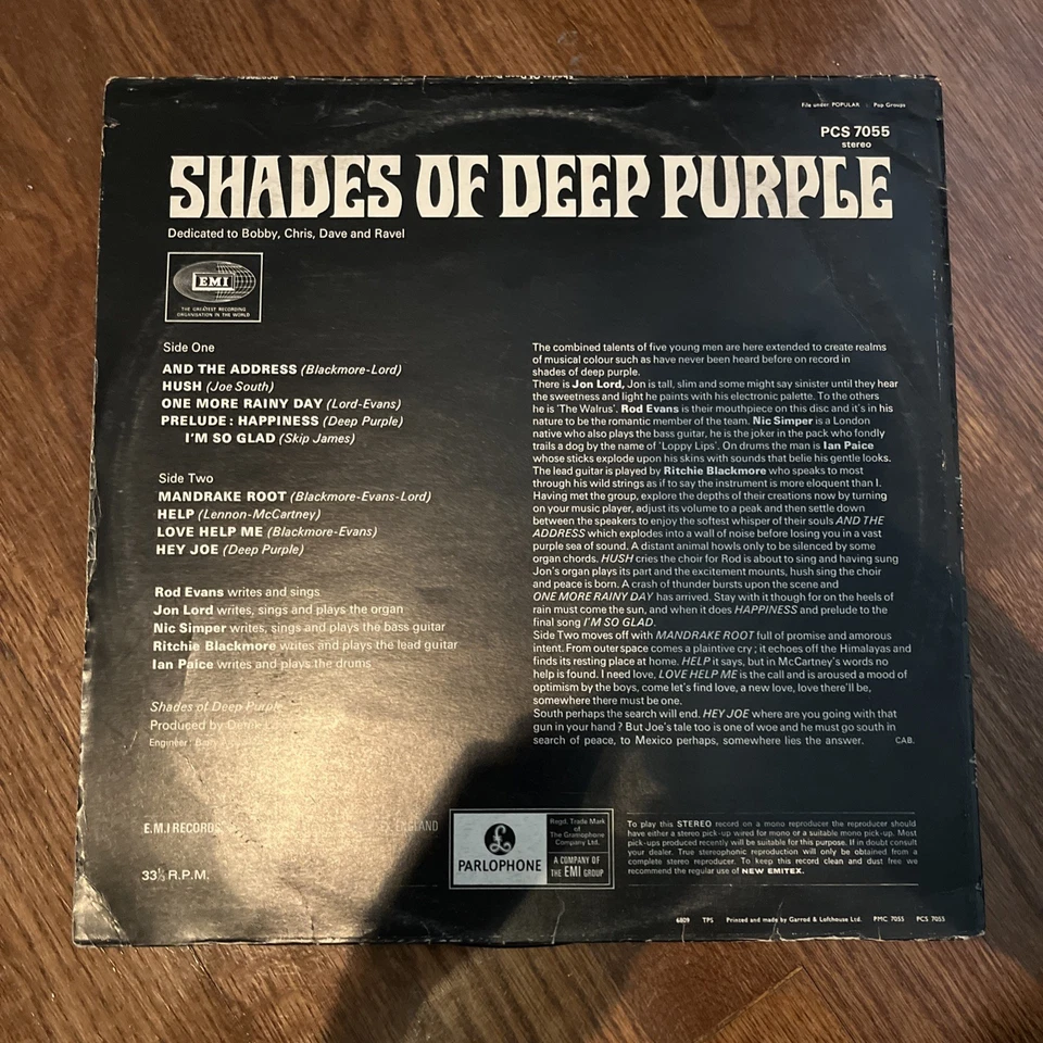 UK! DEEP PURPLE - Shades of Deep Purple LP Vinyl  EMI PARLOPHONE Pressing VG - Image 2 of 3