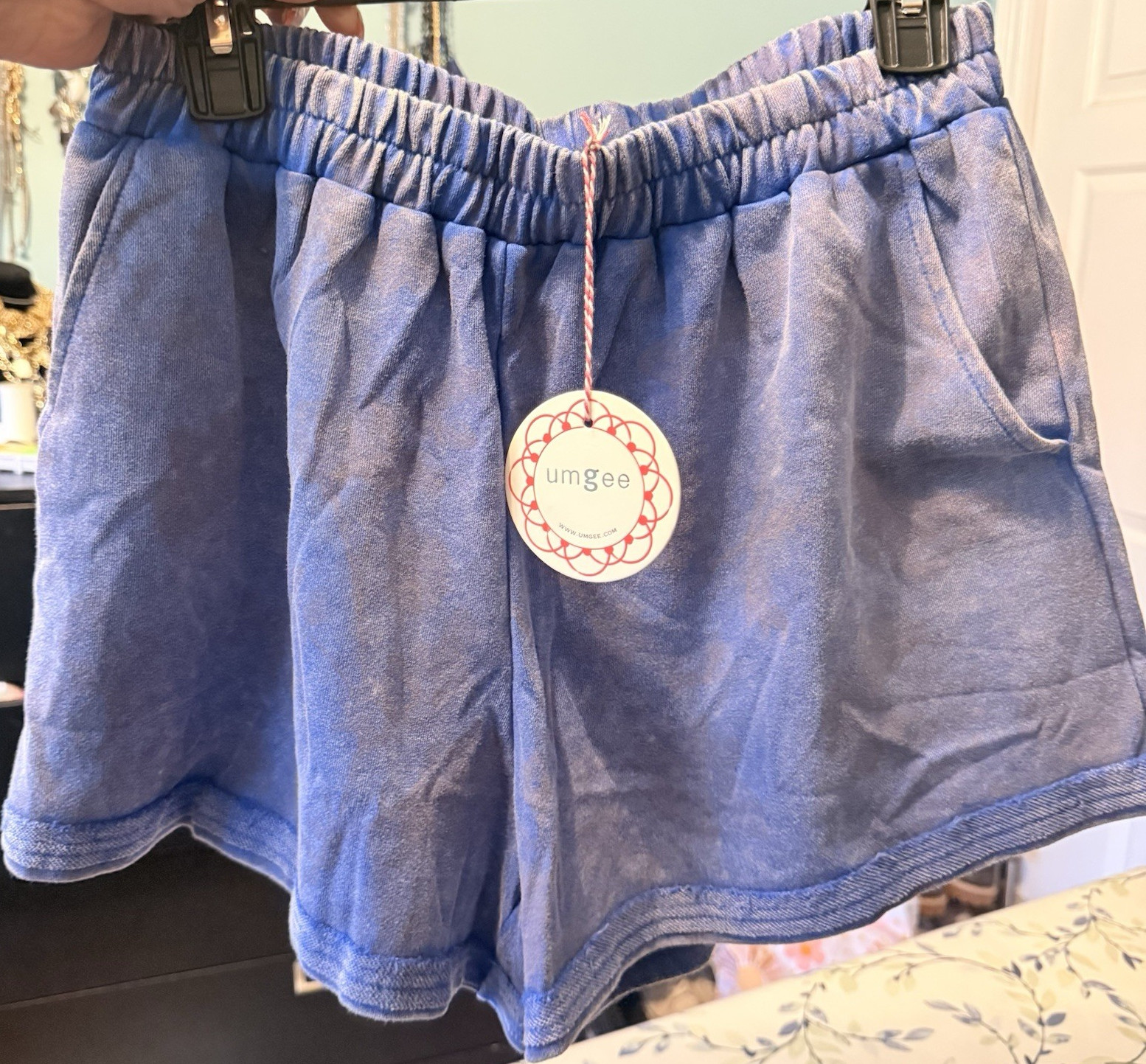 Umgee Blue Cotton French Terry Pull On Sweat Shorts with Pockets Relaxed L