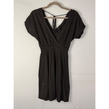 Express Striped Mini Dress Women S Black Gold Metallic Smocked V-Neck Vintage 07