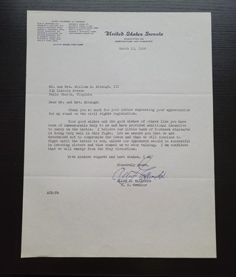 1960 Allen Ellender Signed Letter - Resisting Civil Rights Legislation senator