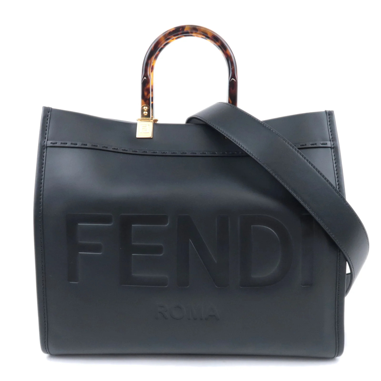 FENDI Sunshine Medium 2Way Leather Tote Bag Shoulder Bag Black 8BH386 Authentic