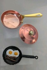 1:12 Dollhouse Metal Skillets 1) Copper w/Lid 2) Black w/Eggs & Bacon Pre-owned