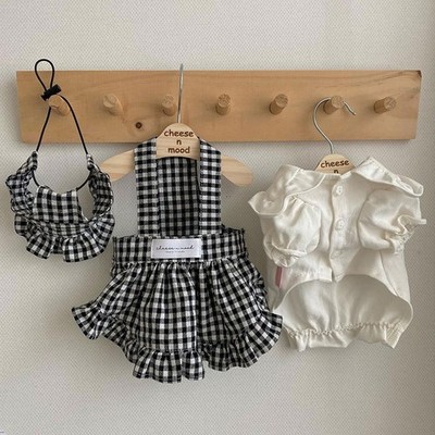 3pcs Cute Pet Clothes Set (M) - Plaid Print Dress, Ruffle Trim Hat & White Shirt