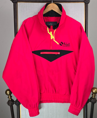 WHITE FIR  x VAIL COLORADO VTG Hot Pink Mens Medium Anorak Jacket Nylon 1/4 Zip
