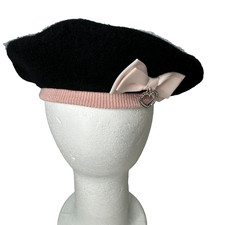 New Gymboree Beret Hat Girls Size 4-7 Black Wool Pink Bow Winter