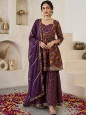 Indian Women Paisley Purple Cotton Printed Flared Kurta With Garara  Dupatta