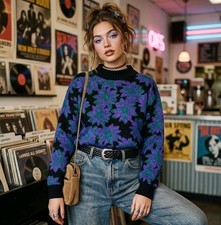 Spunky Vintage 90s Purple Floral Sparkle Mock Neck Knit Sweater sz M