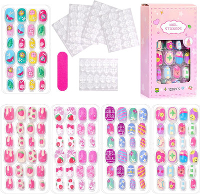 120 Stück Kinder Stick on Nails Kinder Falsche Nägel für Mädchen Niedlich Rosa Falsche Nägel für