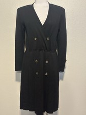 VTG ST.JOHN Santana Knit Black Logo Button Double Breast Pleated Classic Dress 6