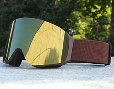 Skibrille gold verspiegelte Gläser braunes Gestell/Riemen verstellbar Unisex Erwachsene