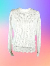 NEW White Lace Long Sleeve Blouse High Neck Elegant Preppy Minimalist Top, M