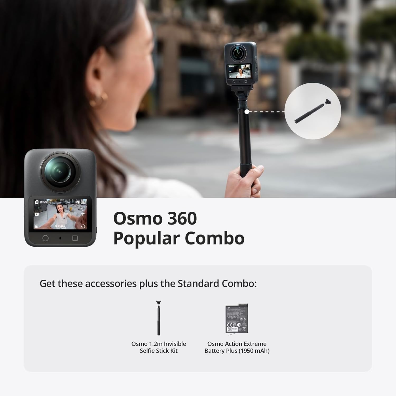 DJI Osmo 360 Essential Combo 8K Camera w/ 2 Batteries, Stick, Case & Lens Covers