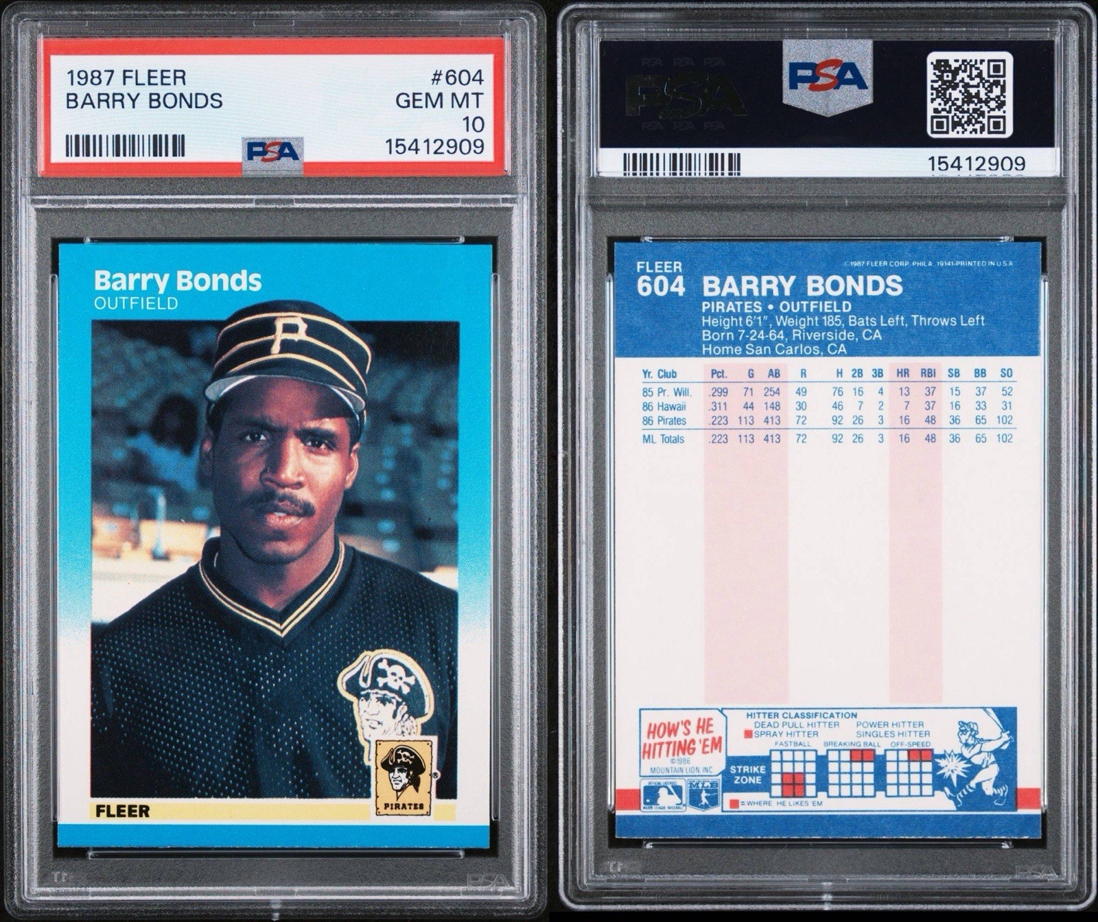 1987 Fleer Barry Bonds Rookie RC #604 Pirates PSA 10 GEM MINT view 3