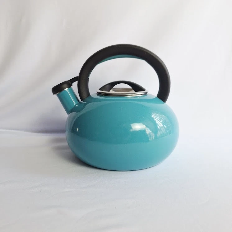 Circulon 2 Quart Whistling Tea Kettle Turquoise Blue Enamel on Steel Flip Spout