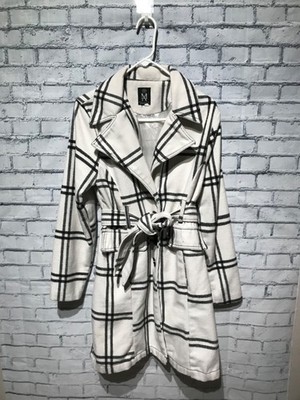 Miss Ashley, L, White Plaid Fleece Long Sleeve Belt Winter Trench Coat/Jacket