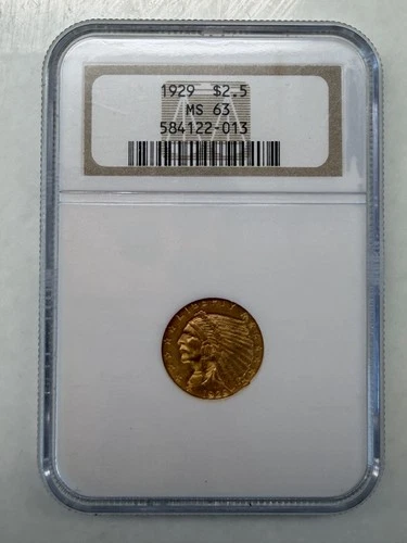 1929 GOLD US $2.5 DOLLAR INDIAN HEAD QUARTER EAGLE COIN NGC MS 63