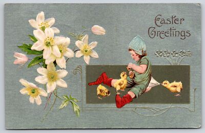 Easter~Lil Child & Chicks Play~White Anemones~Silver Back~Emboss~Winsch~1911 PC
