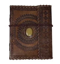 Handmade Journal Diary Notebook Brown Leather Embossed Semi Precious Stone