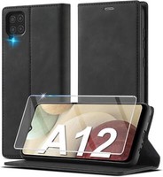 HandyhüLle Samsung Galaxy A12 M12 Leder Wallet Schwarz Schutzfolie