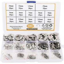 380Pcs Stainless E-Clip Circlip External Retaining Ring Assortment Set, 14 Sizes