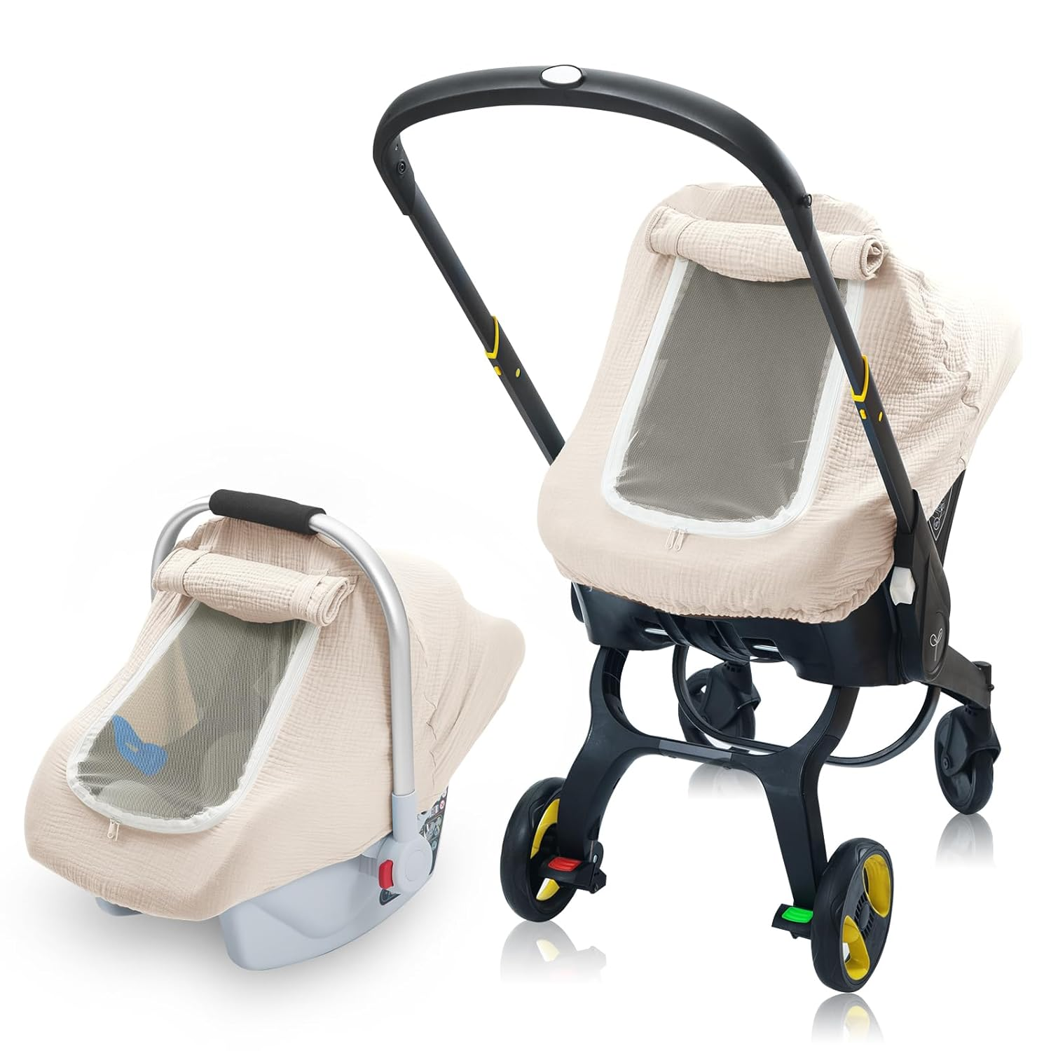 3 Layer Muslin Baby Car Seat Cover, Infant Car Seat Cover with Mesh Peep Window,