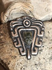 NATIONAL SILVER Crved Jade MAYAN GOD "C" Clasp Pin Brooch 29g Made in Mexico