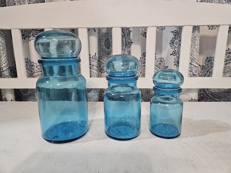 Vintage MCM Blue Graduated Apothecary Bottles Set Of 3, Belgium