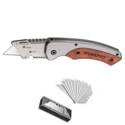 Folding Utility Knife 10PC Blade Quick-Change Box Cutter Wood Handle Razor Knife