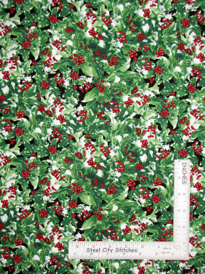 Christmas Green Holly Snow Berry Cotton Fabric Timeless Treasures C7871 By Yard
