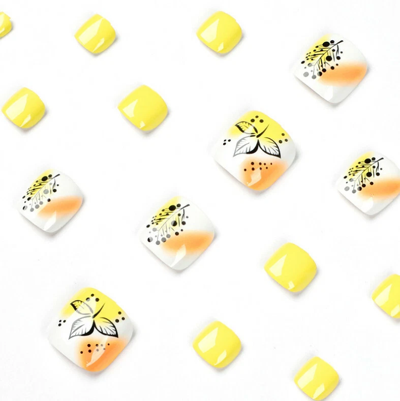 Juego de 24 uñas postizas cuadradas de diseño amarillo prensado de uñas postizas en uñas de los pies Foto 4 de 4