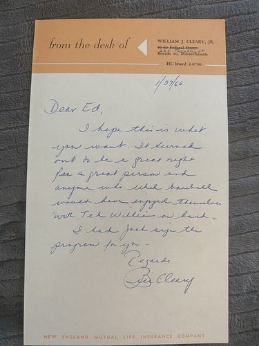 William Bill Cleary Handwritten Letter Signed Autographed US Hockey