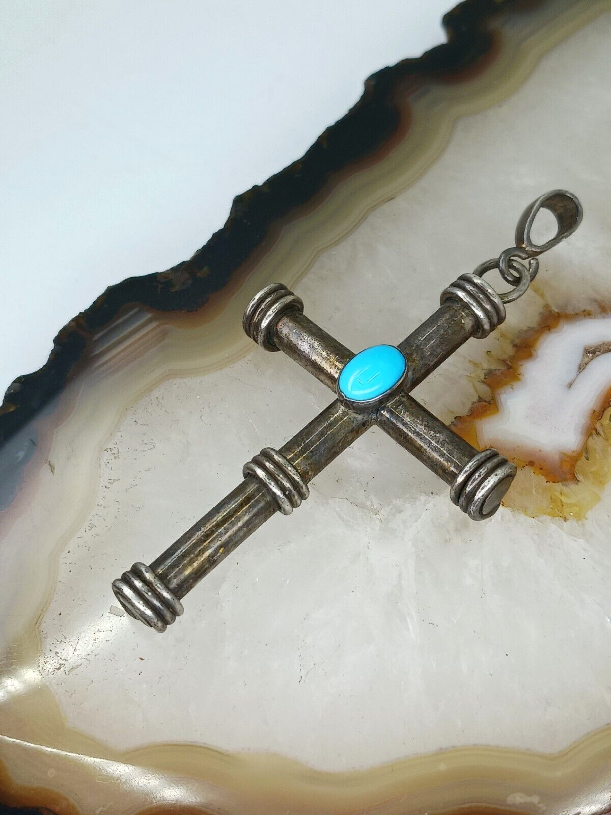 Signed RM Solid Sterling Silver Turquoise CROSS P… - image 7