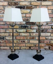 2 Vintage Tall Buffet Lamps Art Deco Style Chrome And Black Haverty's 31 1/2"