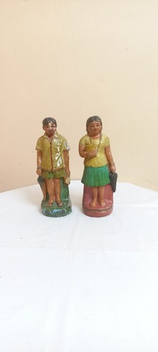 1950s Kerala School Boy & Girl Vintage Pottery Terracotta Clay Statue Idol Figur - Picture 3 of 11