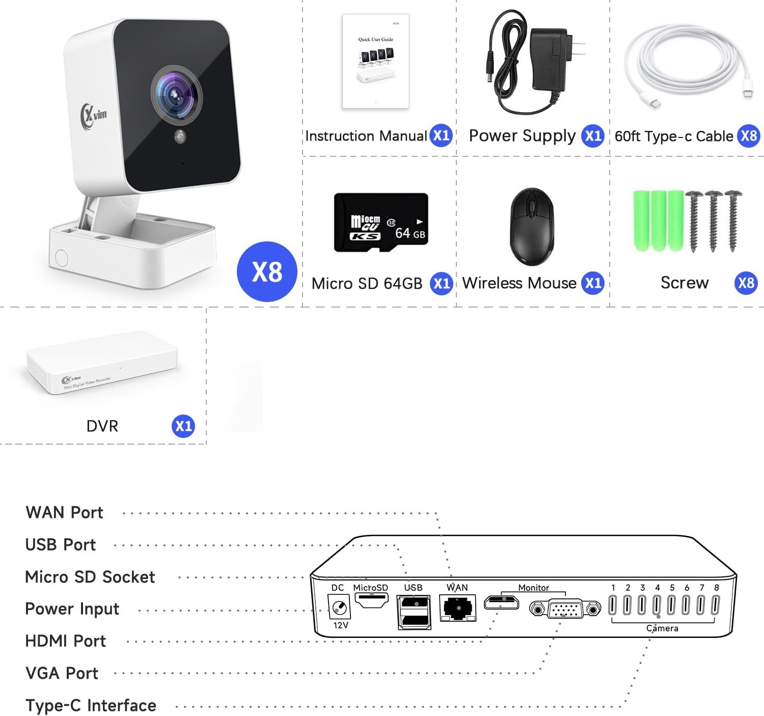 XVIM 1080P Security Camera System Outdoor 8CH H.265+DVR CCTV SD/Cloud Monitor