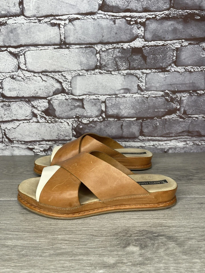 Alberto Fermani Brown Leather Ivory Slide Cross Wedge Sandals Women’s 36EU/6M US - Image 3 of 4