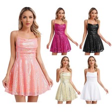Womens Dress Spaghetti Straps Gown Date Dresses Club Cocktail Glittery Evening