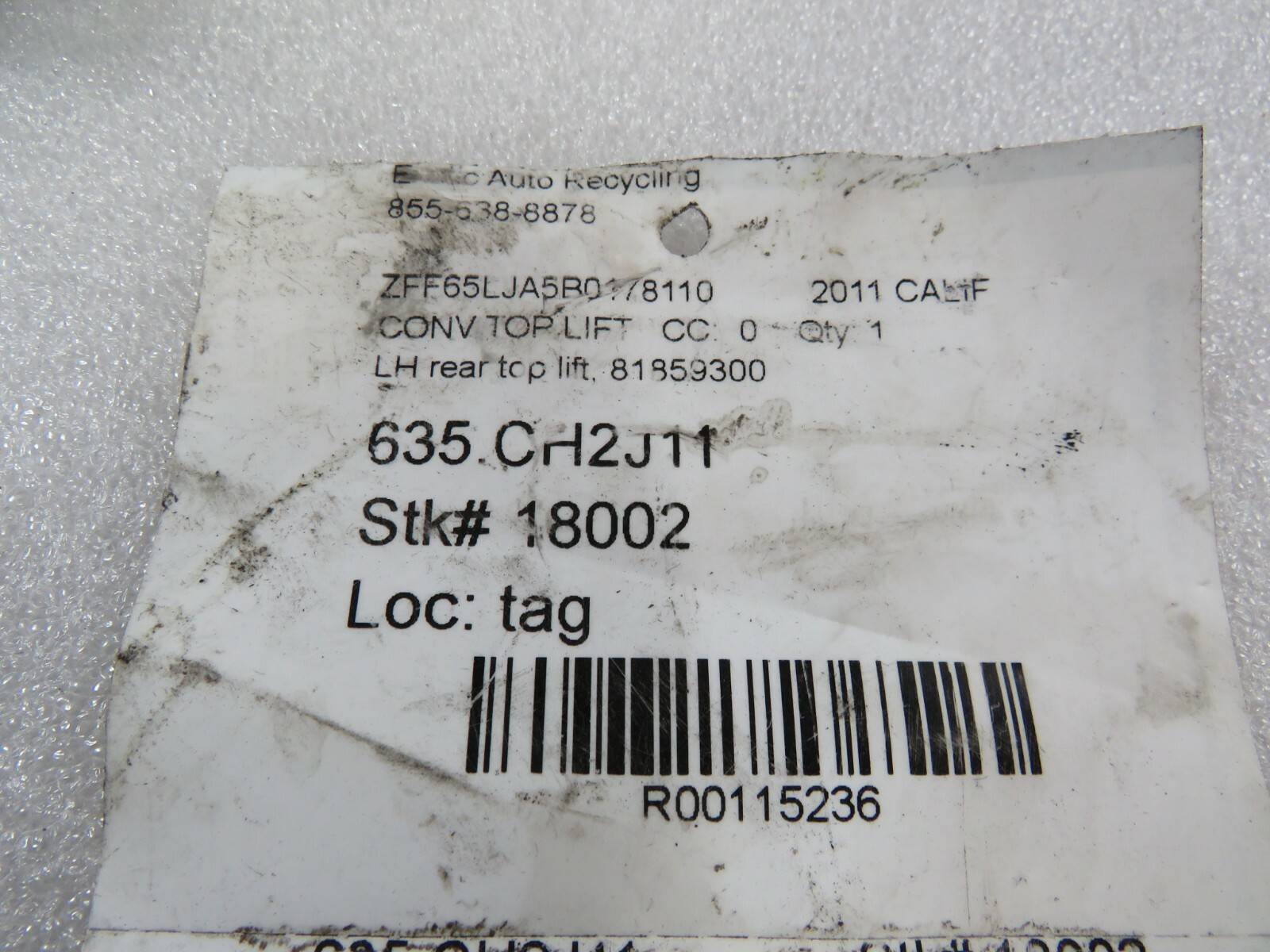 Ferrari California, LH, Left, Main Hydraulic Ram, Used, P/N 81859300