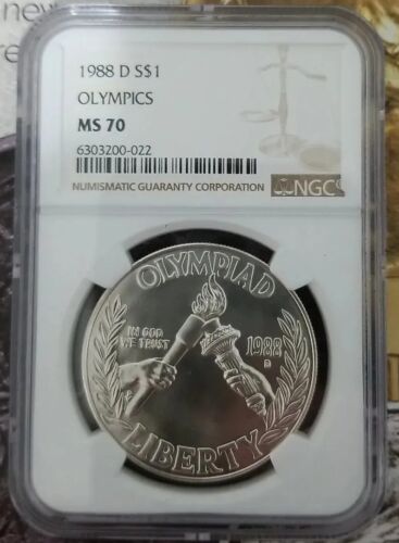 1988 D $1 Silver NGC MS70 Olympics Dollar 90% Coin Cert# 6303200-022 - Afbeelding 1 van 8