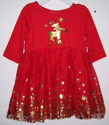 Girls Blueberi Boulevard Red Metallic Gold Reindeer Star Christmas Dress 24M