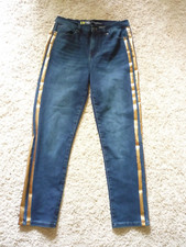 DG2 DIANE GILMAN PANTS--SZ 8-STRETCH DENIM--POCKETS--COPPER LEG TRIM-DARK BLUE
