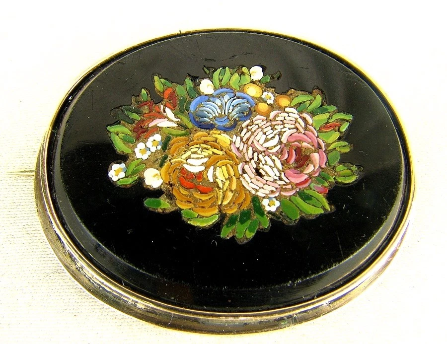 АНТИКВАРНАЯ МИКРО МОЗАИЧНАЯ БРОШЬ 14K ЗОЛОТЫЕ РОЗЫ БОЛЬШОЙ c.1840