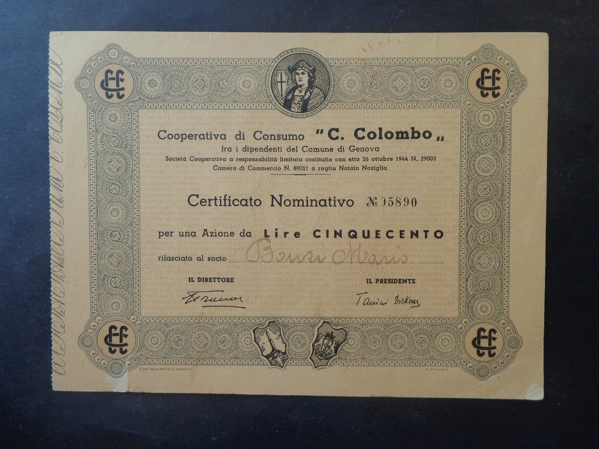 CERTIFICATO NOMINATIVO PER AZIONE DA LIRE 500 COOPERATIVA DI
