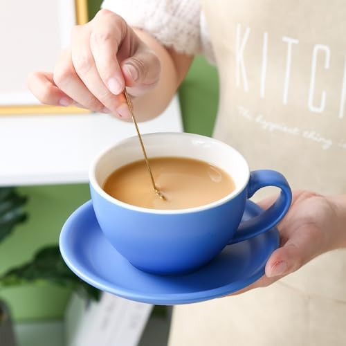  Porcelain Latte Cup and Saucer - 10 oz for Cappuccino,Tea,Cafe Mocha, Set of 