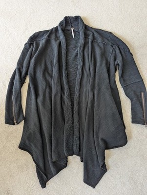 FREE PEOPLE In The Loop Cardigan Open Front Waterfall Sweater Raw Hem Black SzM