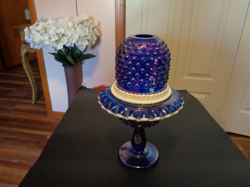 Fenton Blue Carnival Glass Hobnail Snow Crest 3 Piece Pedestal Fairy Lamp-9"