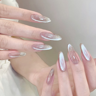 24pcs False Nail Glittering Cat Eye Style Pointed Tips Artificial Nail Press On