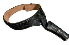 VTG Gun Holster  Ammo Belt Tooled Black Leather 42 Cowboy Western Handcrafted