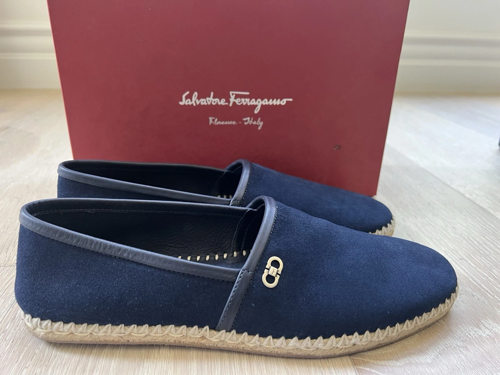 Ferragamo — Salvatore Ferragamo Men’s Nadal Blue Marin Suede Espadrille Loafers Shoes Sz 11